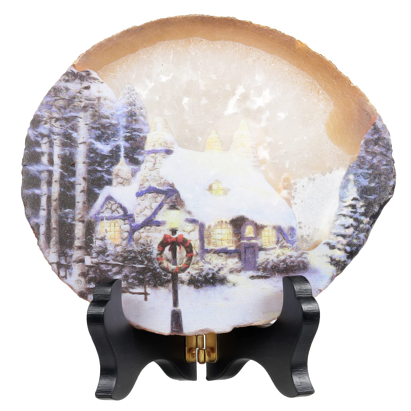SUNYIK Natural Geode Agate Slice Display with Wooden Stand, Irregular Agate Slab Tabletop Desktop for Office Home Decor, Landscape-4