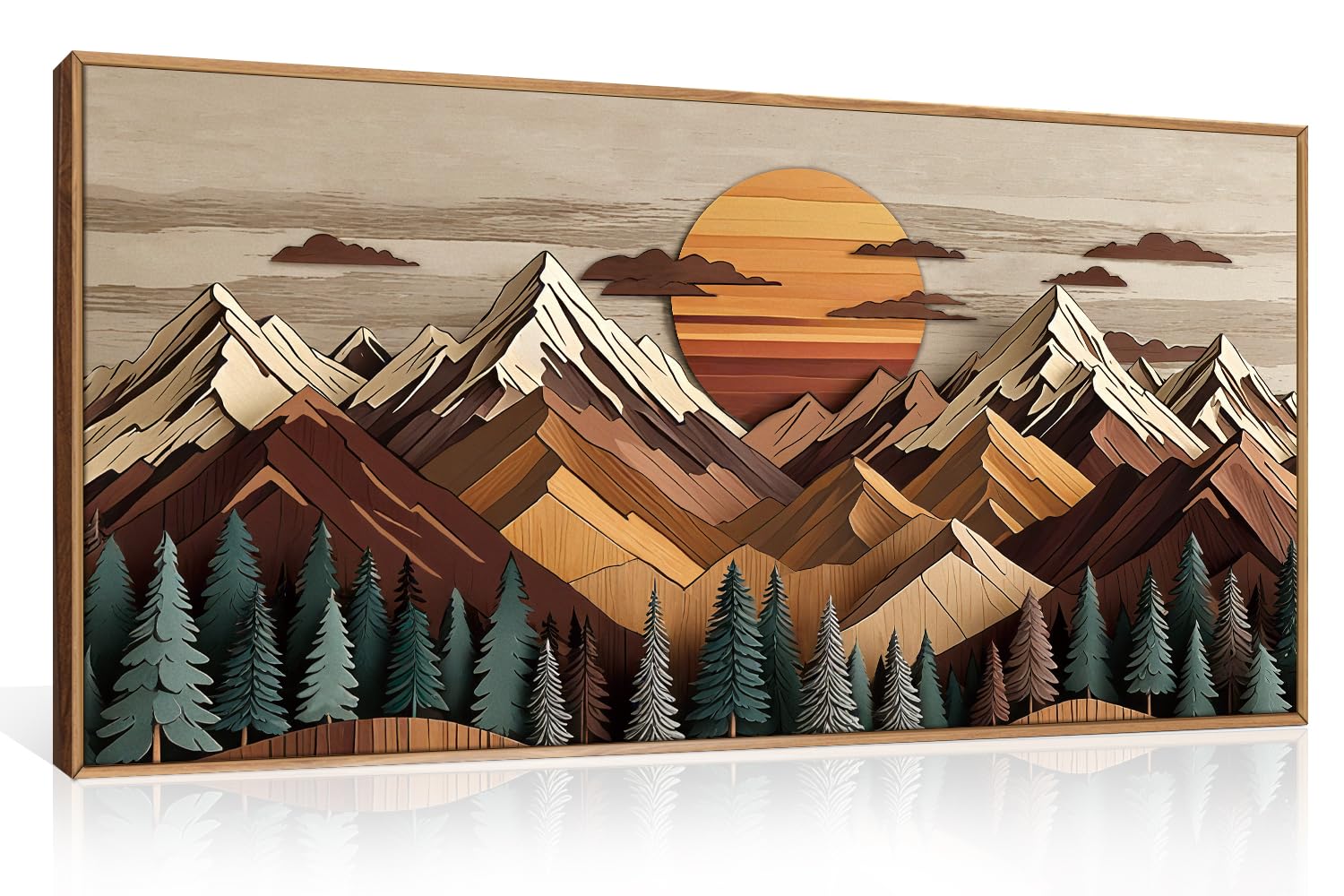 KAIRNE Woodcut Style Mountain Framed Canvas Wall Art Set,Wooden Pine Tree Wall Decor,Vintage Forest Landscape Art Prints,Nature Sunrise Artwork for Living Room,Bedroom,Farmhouse,Office-16 x24 x3