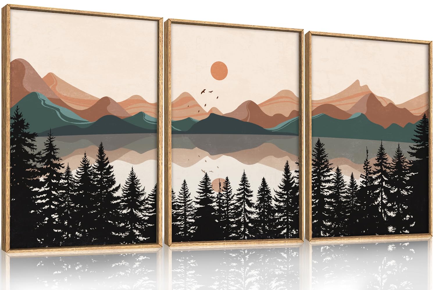 KAIRNE Woodcut Style Mountain Framed Canvas Wall Art Set,Wooden Pine Tree Wall Decor,Vintage Forest Landscape Art Prints,Nature Sunrise Artwork for Living Room,Bedroom,Farmhouse,Office-16 x24 x3