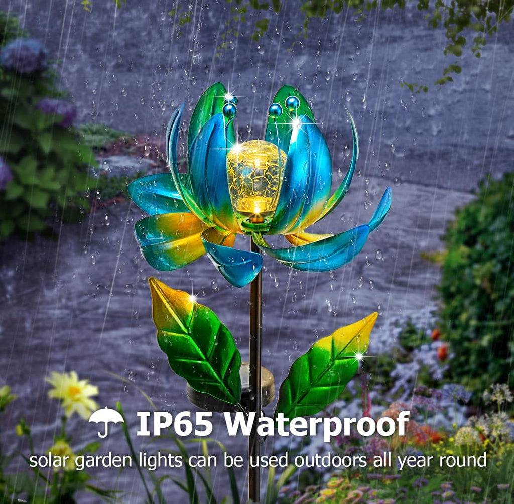 Solar Wind Spinner Metal Lotus Flower Garden Stake Lights LED Crackle Glass Globe Solar Yard Art for Patio Pathway Lawn Walkway Decor