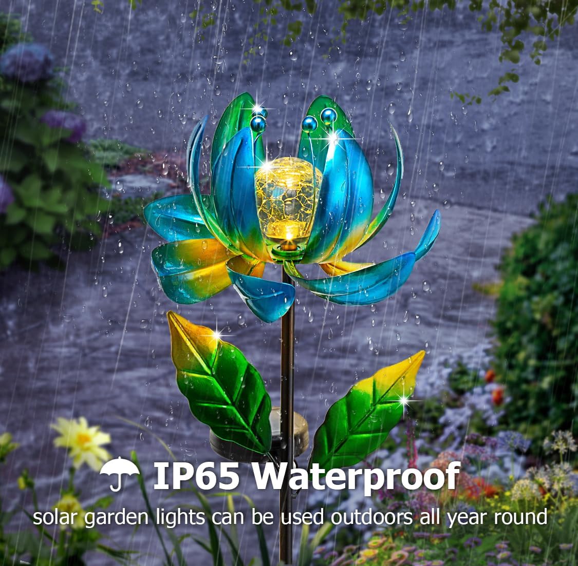 Solar Wind Spinner Metal Lotus Flower Garden Stake Lights LED Crackle Glass Globe Solar Yard Art for Patio Pathway Lawn Walkway Decor