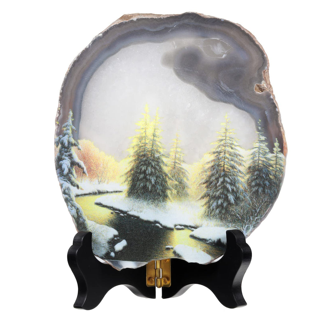 SUNYIK Natural Geode Agate Slice Display with Wooden Stand, Irregular Agate Slab Tabletop Desktop for Office Home Decor, Landscape-4