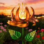 Solar Wind Spinner Metal Lotus Flower Garden Stake Lights LED Crackle Glass Globe Solar Yard Art for Patio Pathway Lawn Walkway Decor