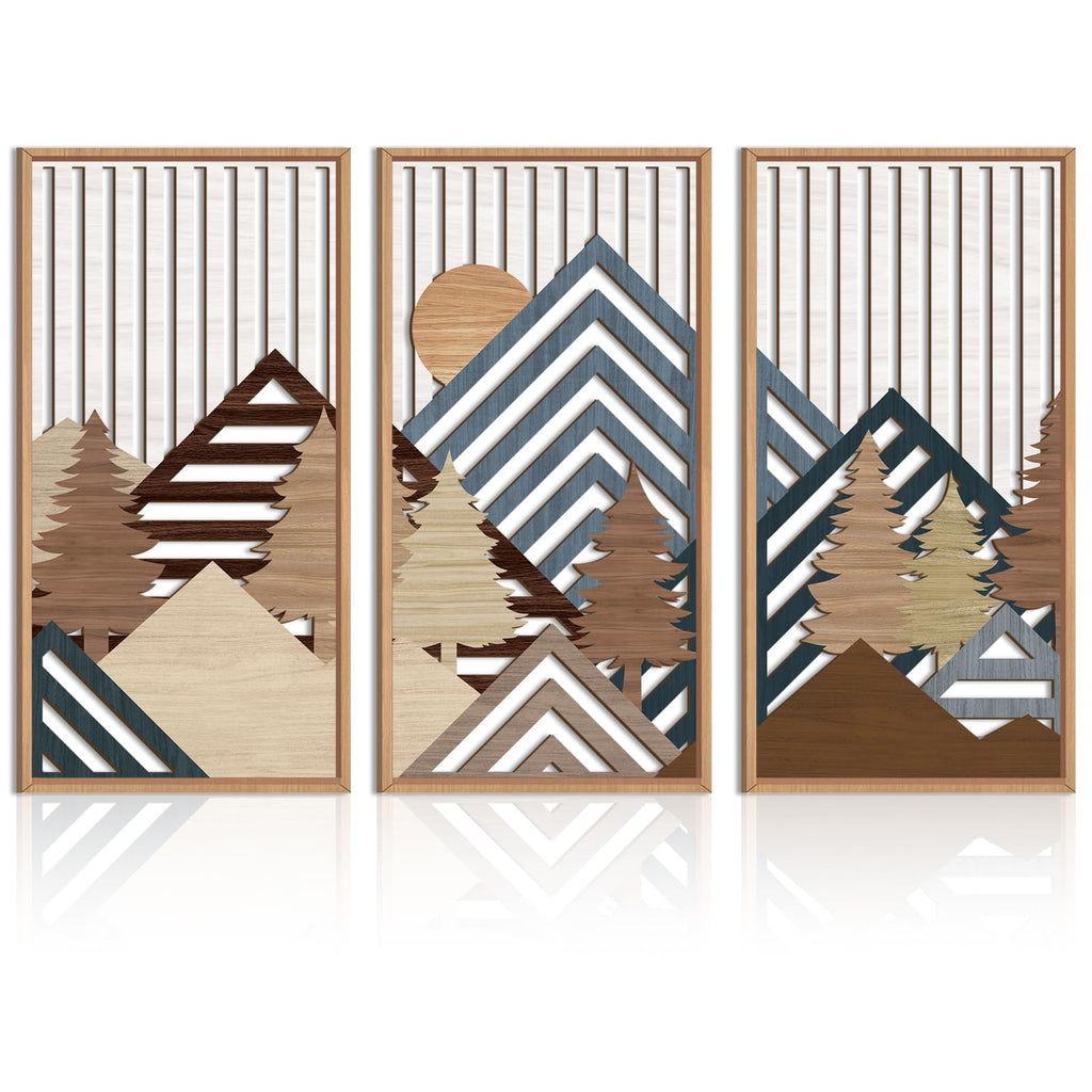 IARTTOP Abstract Mountain Wood Wall Art Large geometric Forest Pine Trees Wooden Wall Decor Boho Sun Nature Landscape Wall Decor for Bedroom Living Room Office-16 x32 Inch Set of 3