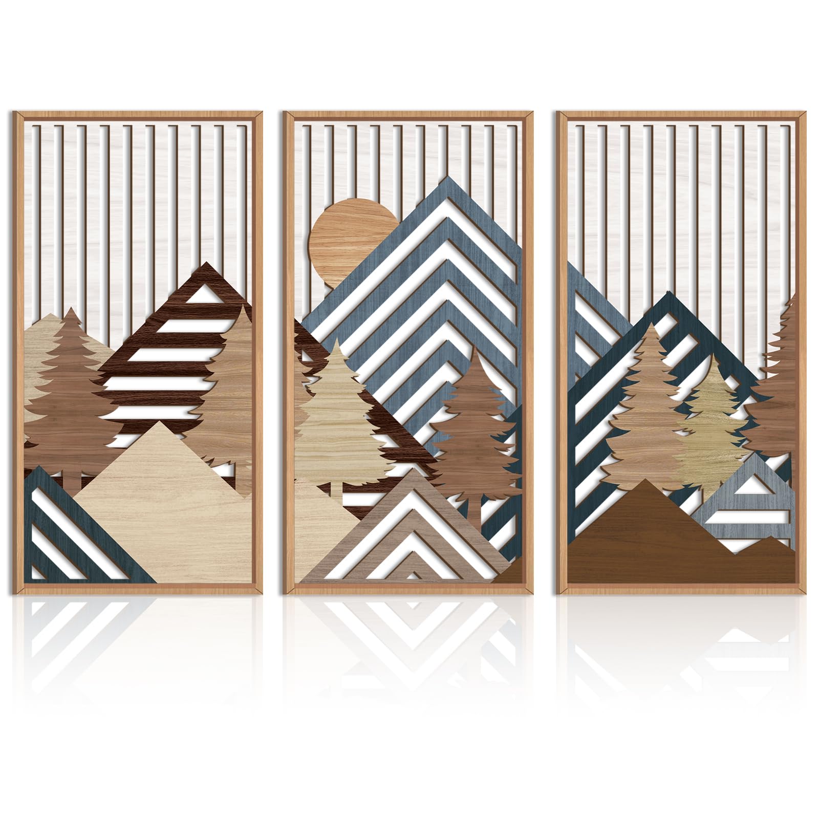 IARTTOP Abstract Mountain Wood Wall Art Large geometric Forest Pine Trees Wooden Wall Decor Boho Sun Nature Landscape Wall Decor for Bedroom Living Room Office-16 x32 Inch Set of 3