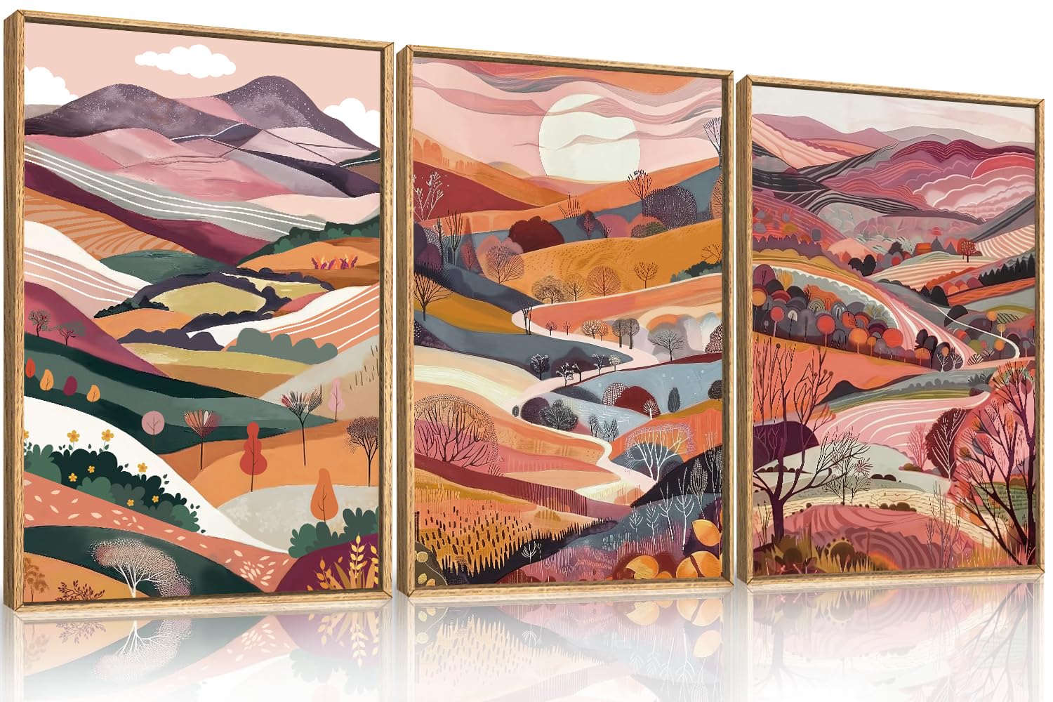 KAIRNE Woodcut Style Mountain Framed Canvas Wall Art Set,Wooden Pine Tree Wall Decor,Vintage Forest Landscape Art Prints,Nature Sunrise Artwork for Living Room,Bedroom,Farmhouse,Office-16 x24 x3