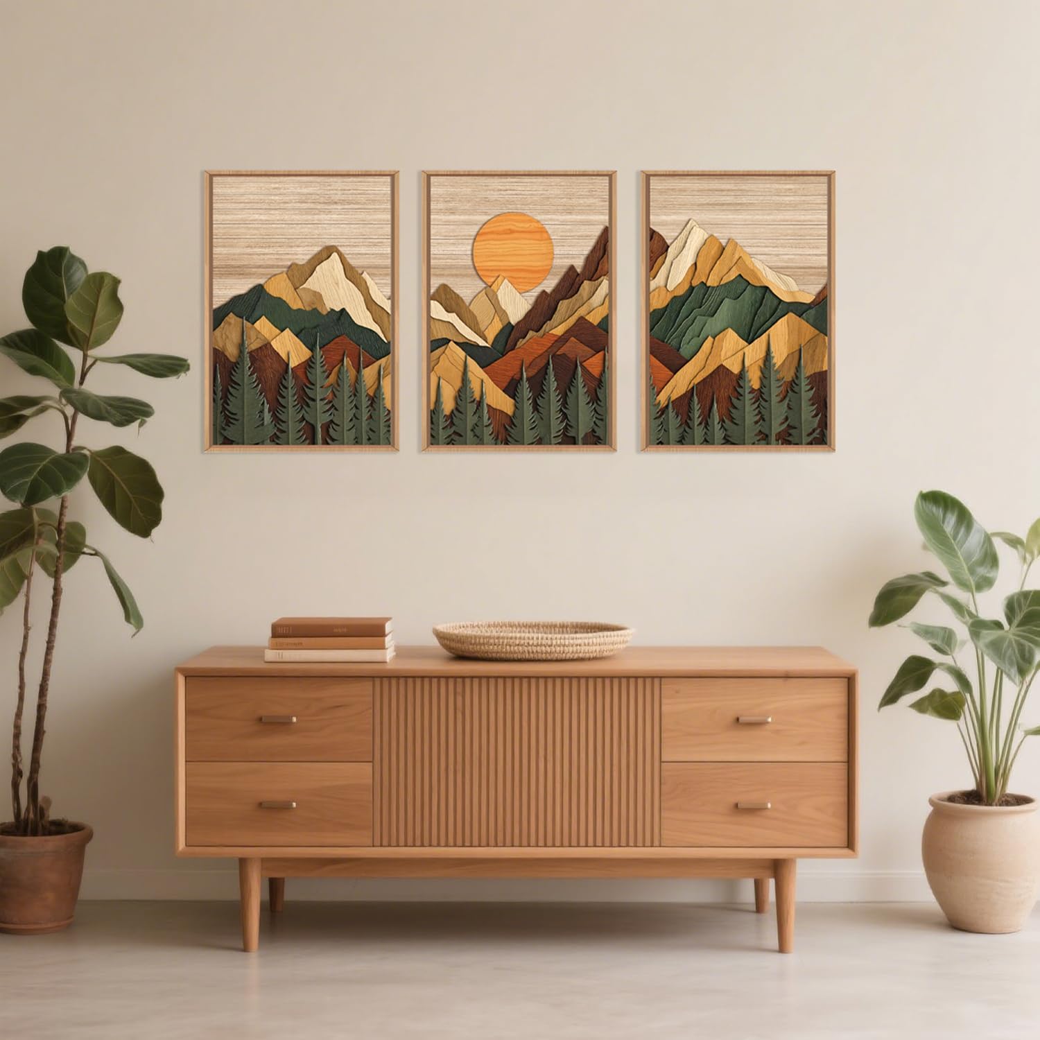 Set of 3 16"X24" Woodcut Mountain Pine Forest Sunrise Framed Canvas Wall Art Rustic Boho Wooden Print for Living Room Bedroom Office, Non-3D
