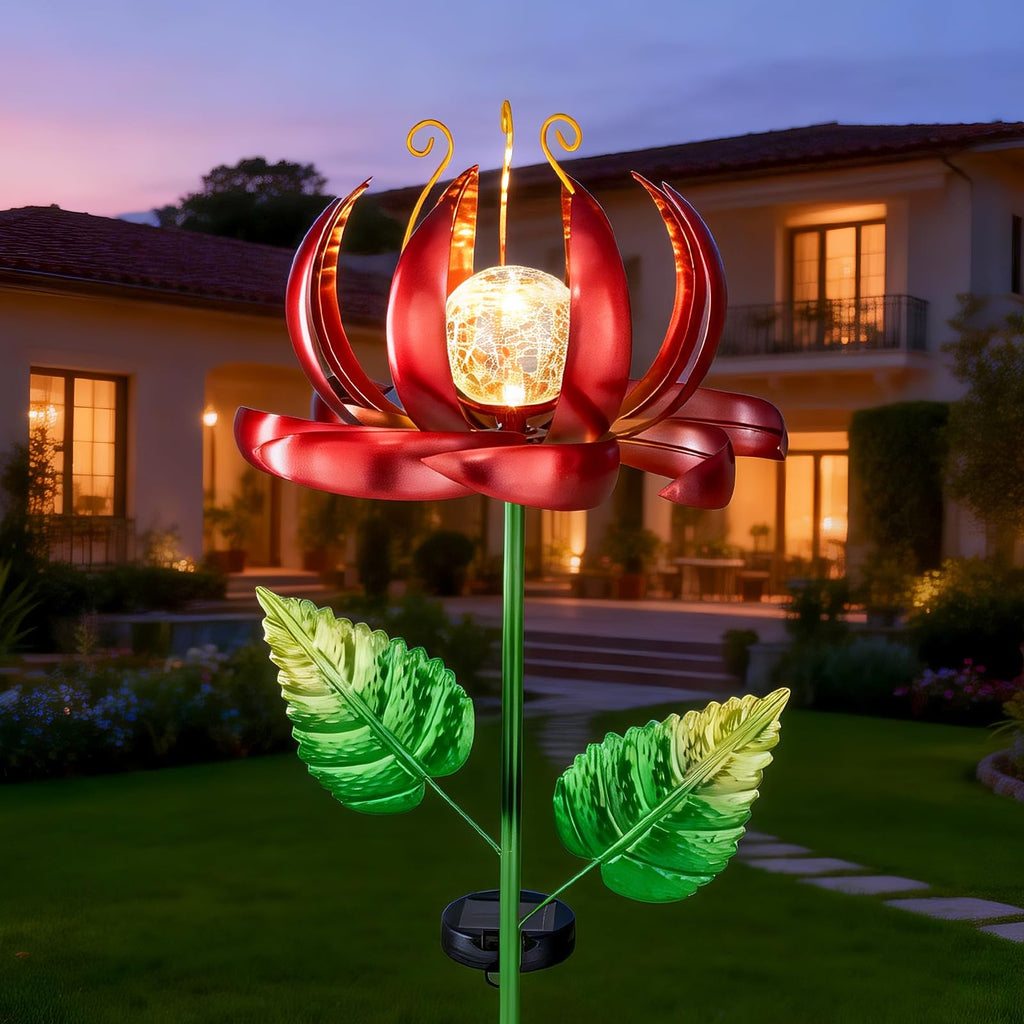 Solar Wind Spinner Metal Lotus Flower Garden Stake Lights LED Crackle Glass Globe Solar Yard Art for Patio Pathway Lawn Walkway Decor