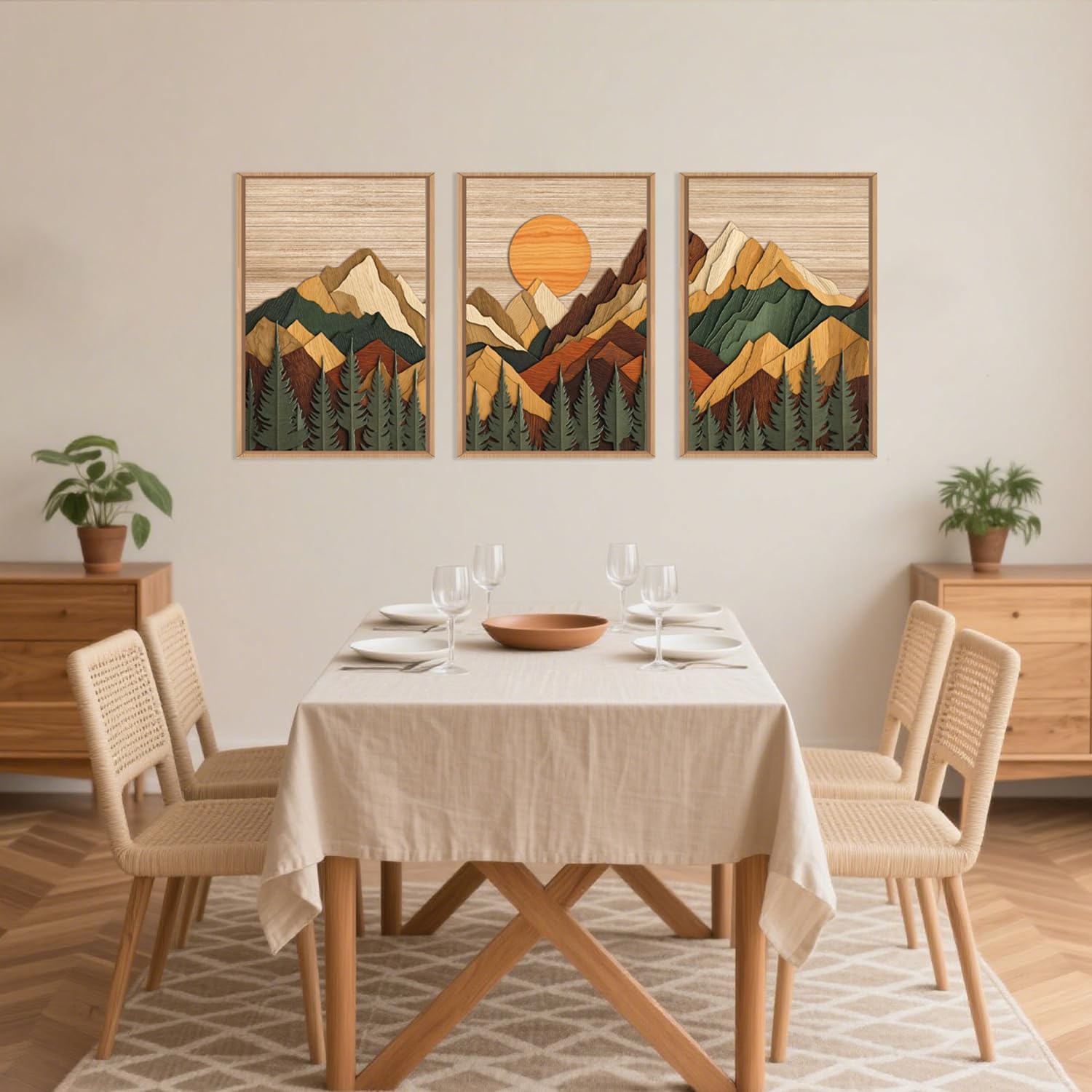 Set of 3 16"X24" Woodcut Mountain Pine Forest Sunrise Framed Canvas Wall Art Rustic Boho Wooden Print for Living Room Bedroom Office, Non-3D