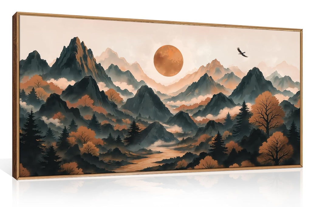 Set of 3 16"X24" Woodcut Mountain Pine Forest Sunrise Framed Canvas Wall Art Rustic Boho Wooden Print for Living Room Bedroom Office, Non-3D