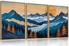 Set of 3 16"X24" Woodcut Mountain Pine Forest Sunrise Framed Canvas Wall Art Rustic Boho Wooden Print for Living Room Bedroom Office, Non-3D