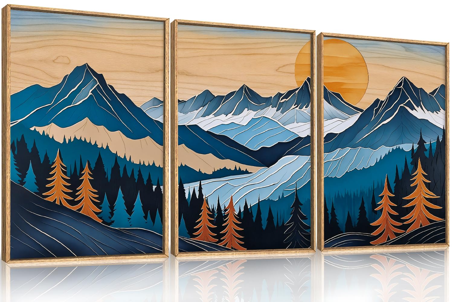 Set of 3 16"X24" Woodcut Mountain Pine Forest Sunrise Framed Canvas Wall Art Rustic Boho Wooden Print for Living Room Bedroom Office, Non-3D