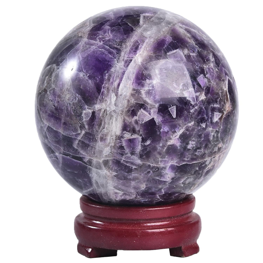 JIC Gem Volcanic Agate Crystal Sphere Large Quartz Crystal Ball with Stand Healing Ornament Witchcraft Meditation Decor 3.5-4 inch(90-100mm)