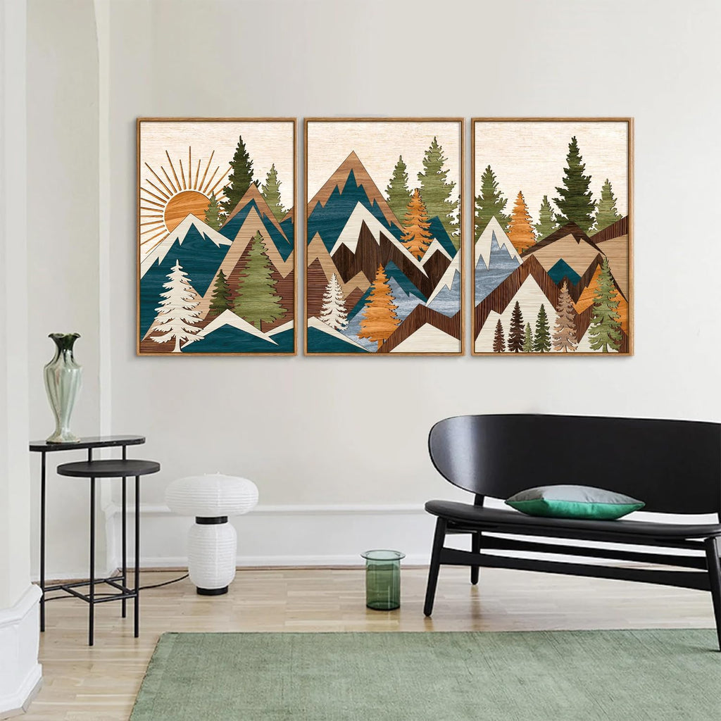 Tinonedraw Large Mountain Framed Canvas Wall Art, Boho Rustic Sunrise Forest Wall Decor, Vintage Woodsy Nature Art Painting, Modern Wilderness Trees Art Print for Living Room Bedroom Office 16"x24"x3