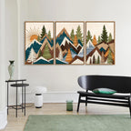 Tinonedraw Large Mountain Framed Canvas Wall Art, Boho Rustic Sunrise Forest Wall Decor, Vintage Woodsy Nature Art Painting, Modern Wilderness Trees Art Print for Living Room Bedroom Office 16"x24"x3