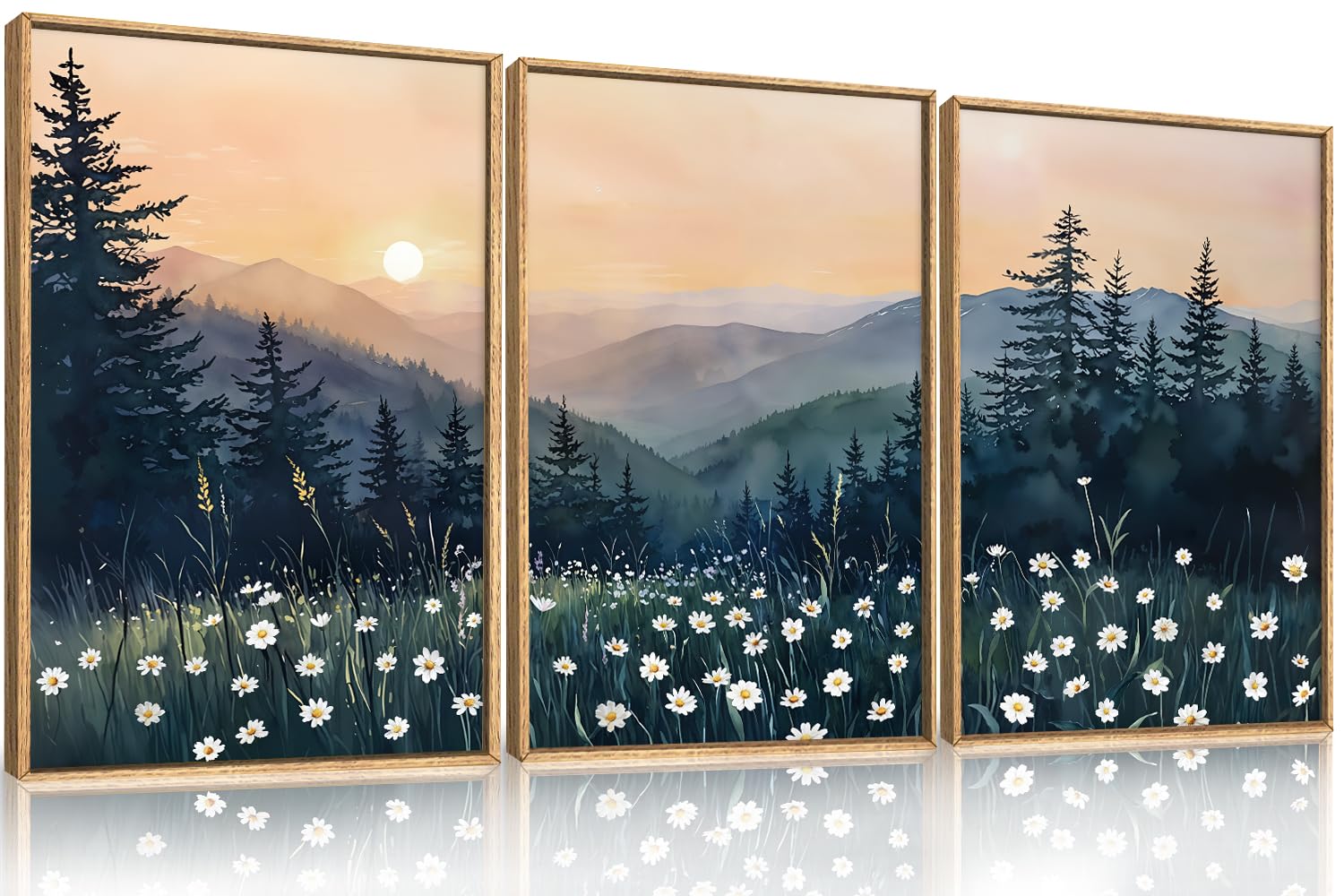 KAIRNE Woodcut Style Mountain Framed Canvas Wall Art Set,Wooden Pine Tree Wall Decor,Vintage Forest Landscape Art Prints,Nature Sunrise Artwork for Living Room,Bedroom,Farmhouse,Office-16 x24 x3