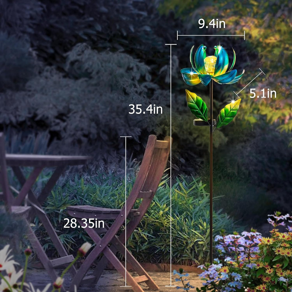 Solar Wind Spinner Metal Lotus Flower Garden Stake Lights LED Crackle Glass Globe Solar Yard Art for Patio Pathway Lawn Walkway Decor
