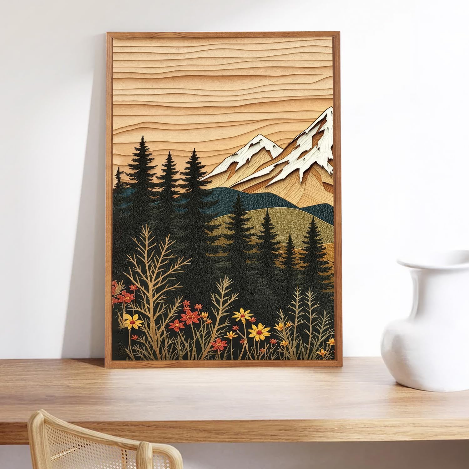 LHIUEM Vintage Woodcut Mountain Framed Canvas Wall Art,Forest Pine Tree Boho Wall Decor,Wilderness Sunset Landscape Artwork for Living Room,Bedroom,Dining Room,Office -16"x24"x3