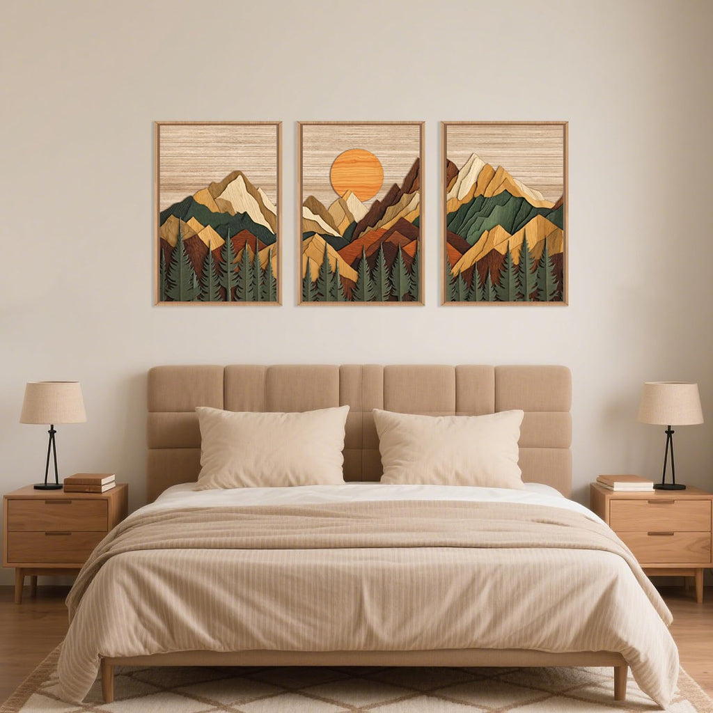 Set of 3 16"X24" Woodcut Mountain Pine Forest Sunrise Framed Canvas Wall Art Rustic Boho Wooden Print for Living Room Bedroom Office, Non-3D
