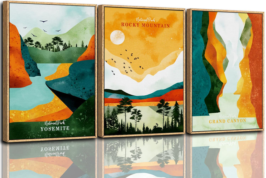 CHDITB Mountain Framed Canvas Wall Art Set of 3, 24"x36" Country Woodcut Style Wall Decor, Forest Nature Wilderness Wall Painting, Large Modern Art Prints for Living Room, Bedroom, Farmhouse, Office