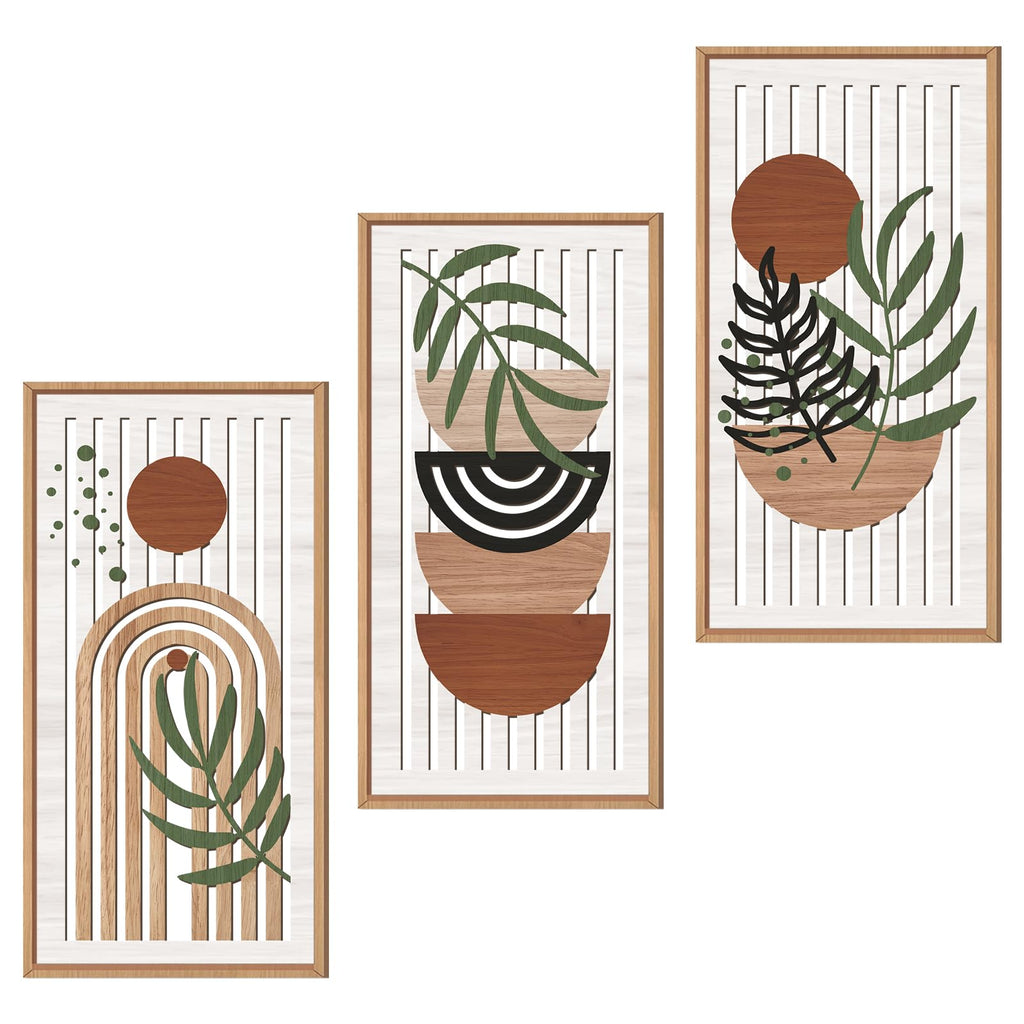 IARTTOP Abstract Mountain Wood Wall Art Large geometric Forest Pine Trees Wooden Wall Decor Boho Sun Nature Landscape Wall Decor for Bedroom Living Room Office-16 x32 Inch Set of 3
