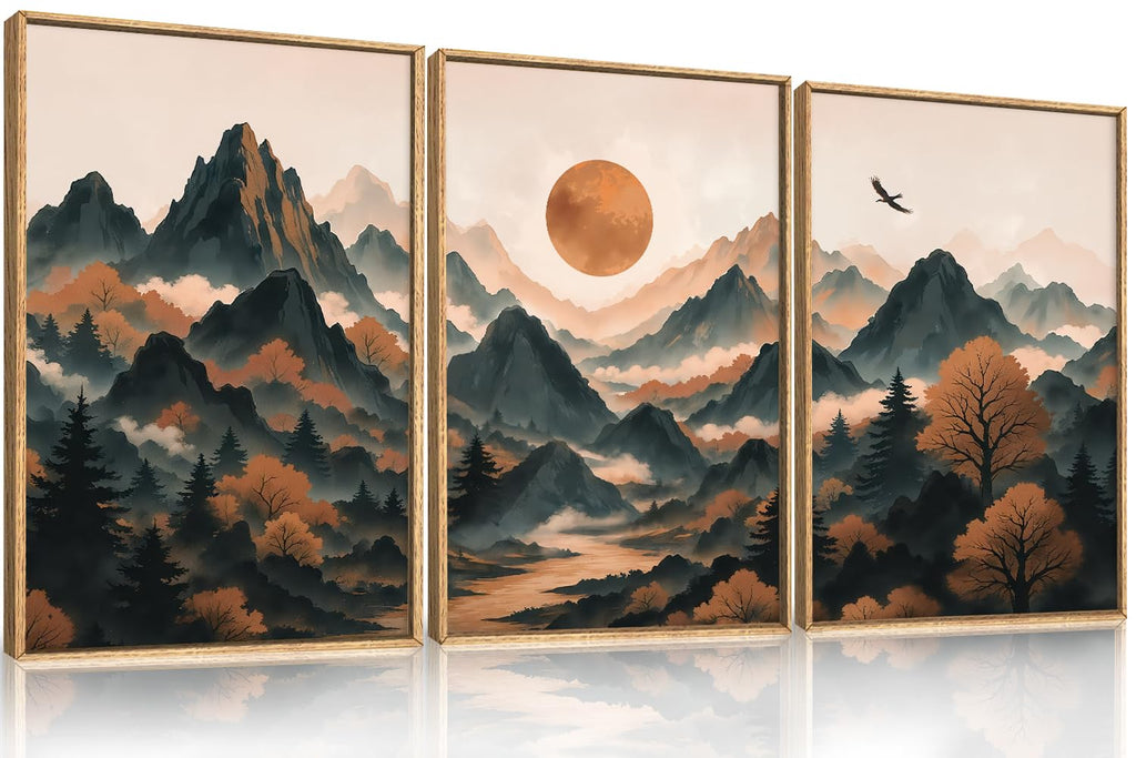 Set of 3 16"X24" Woodcut Mountain Pine Forest Sunrise Framed Canvas Wall Art Rustic Boho Wooden Print for Living Room Bedroom Office, Non-3D