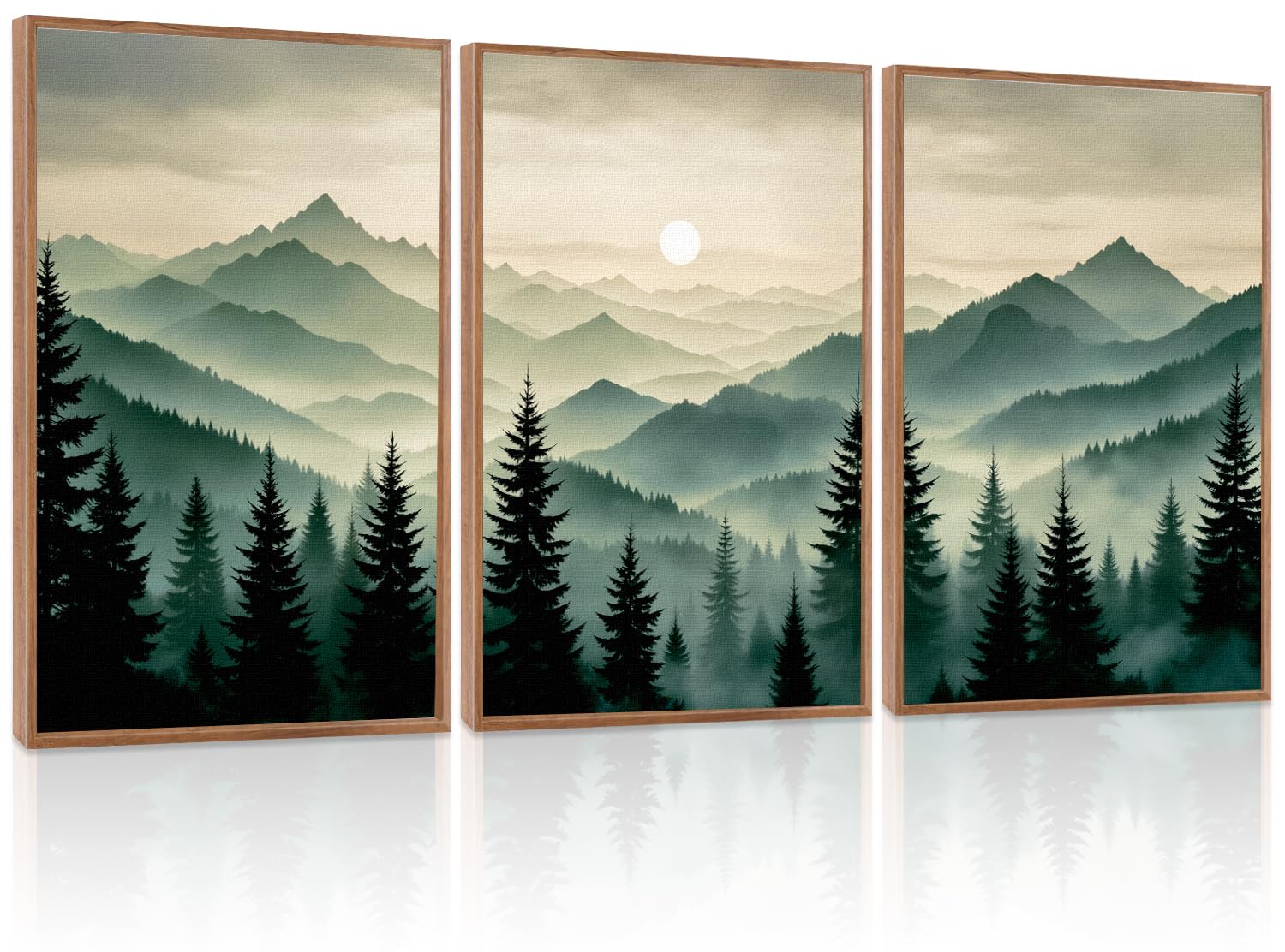 LHIUEM Vintage Woodcut Mountain Framed Canvas Wall Art,Forest Pine Tree Boho Wall Decor,Wilderness Sunset Landscape Artwork for Living Room,Bedroom,Dining Room,Office -16"x24"x3