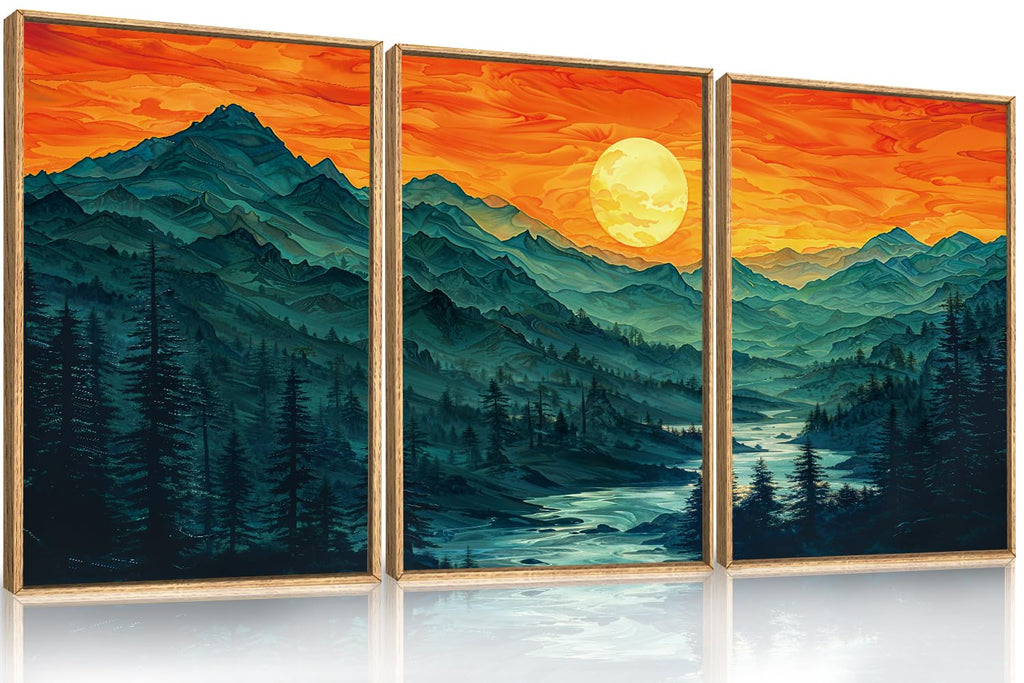 Set of 3 16"X24" Woodcut Mountain Pine Forest Sunrise Framed Canvas Wall Art Rustic Boho Wooden Print for Living Room Bedroom Office, Non-3D