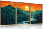 Set of 3 16"X24" Woodcut Mountain Pine Forest Sunrise Framed Canvas Wall Art Rustic Boho Wooden Print for Living Room Bedroom Office, Non-3D