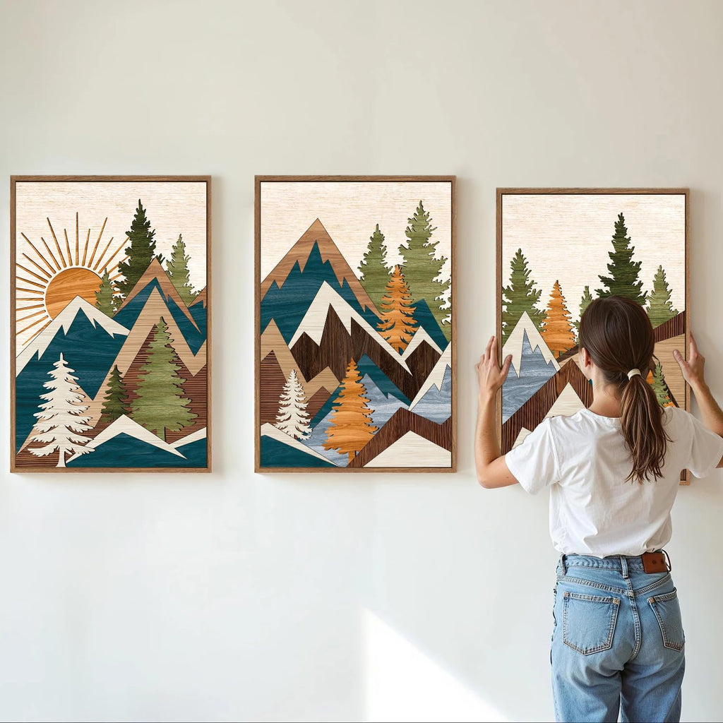 Tinonedraw Large Mountain Framed Canvas Wall Art, Boho Rustic Sunrise Forest Wall Decor, Vintage Woodsy Nature Art Painting, Modern Wilderness Trees Art Print for Living Room Bedroom Office 16"x24"x3