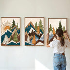 Tinonedraw Large Mountain Framed Canvas Wall Art, Boho Rustic Sunrise Forest Wall Decor, Vintage Woodsy Nature Art Painting, Modern Wilderness Trees Art Print for Living Room Bedroom Office 16"x24"x3