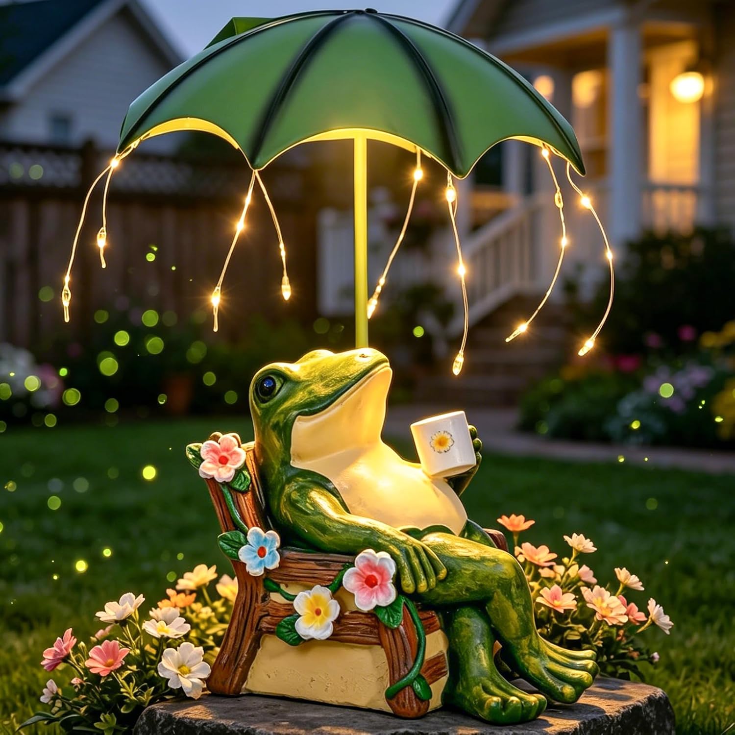 Pohabery Solar Frog Garden Statue - Outdoor Waterproof Decor with Umbrella LED Lights, Funny Relaxing Frog Figurine, Patio Balcony Lawn Ornament, Unique Animal Sculpture Gift