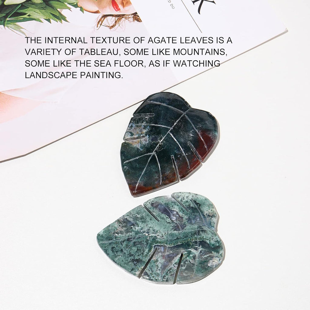 Runyangshi 1PCS Natural Moss Agate Crystal Leaves Sculpture Hand-Carved Large Aquatic Agate Leaf Healing Stone Figurines Healing Reiki Crystal Gemstone Collection Home Decor Desk Decor Gift