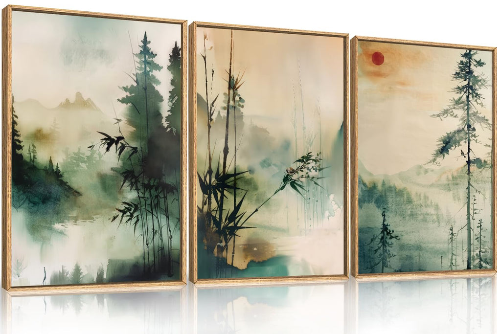 Set of 3 16"X24" Woodcut Mountain Pine Forest Sunrise Framed Canvas Wall Art Rustic Boho Wooden Print for Living Room Bedroom Office, Non-3D