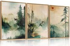 Set of 3 16"X24" Woodcut Mountain Pine Forest Sunrise Framed Canvas Wall Art Rustic Boho Wooden Print for Living Room Bedroom Office, Non-3D