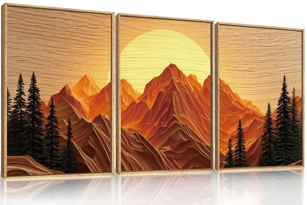 Set of 3 16"X24" Woodcut Mountain Pine Forest Sunrise Framed Canvas Wall Art Rustic Boho Wooden Print for Living Room Bedroom Office, Non-3D