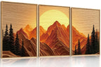 Set of 3 16"X24" Woodcut Mountain Pine Forest Sunrise Framed Canvas Wall Art Rustic Boho Wooden Print for Living Room Bedroom Office, Non-3D
