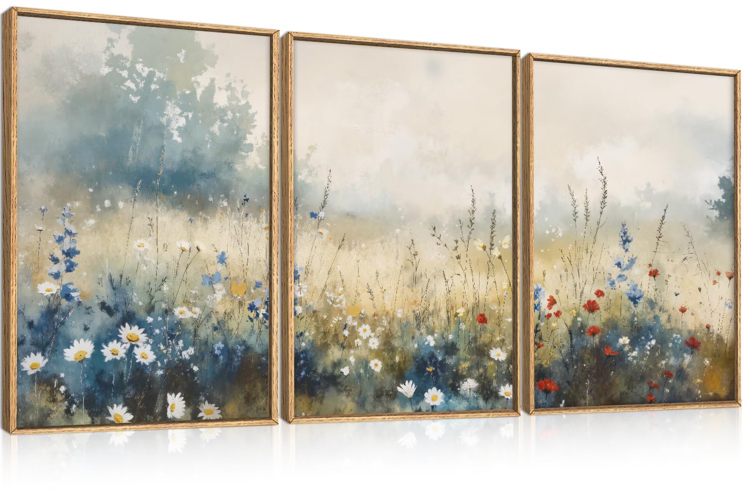 Set of 3 16"X24" Woodcut Mountain Pine Forest Sunrise Framed Canvas Wall Art Rustic Boho Wooden Print for Living Room Bedroom Office, Non-3D