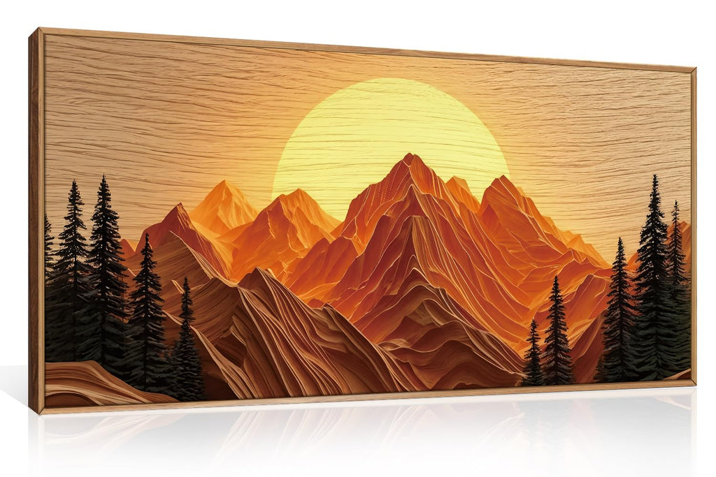 Set of 3 16"X24" Woodcut Mountain Pine Forest Sunrise Framed Canvas Wall Art Rustic Boho Wooden Print for Living Room Bedroom Office, Non-3D