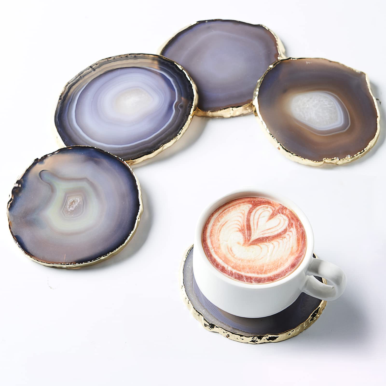 Blue Agate Coasters Set of 4,Large Geode Coaster for Drinks 4.5"-4" Gemstone Natural Stone Agate Slices Cup Mat for Home Decor by Yougoals, Suitable for Coffee Table, Wooden Table