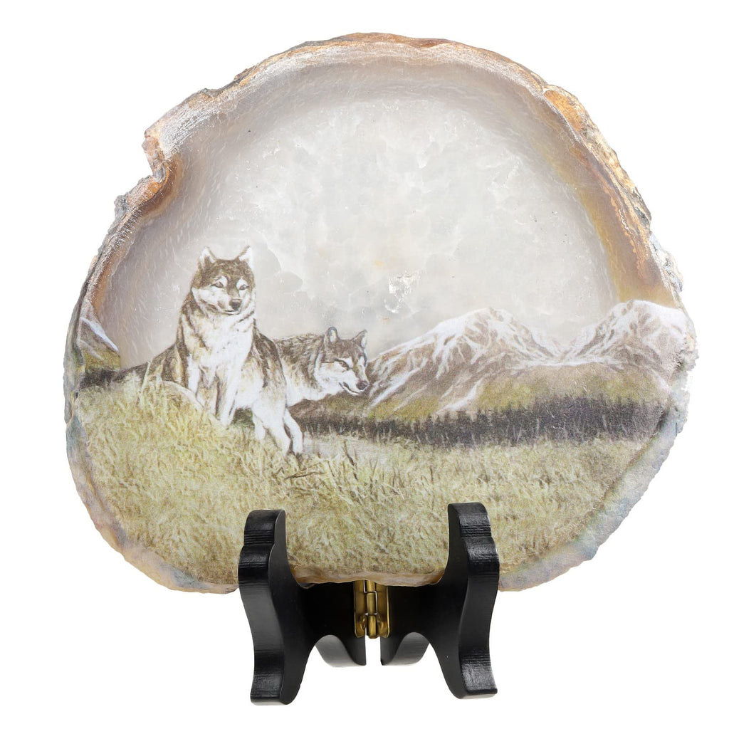 SUNYIK Natural Geode Agate Slice Display with Wooden Stand, Irregular Agate Slab Tabletop Desktop for Office Home Decor, Landscape-4