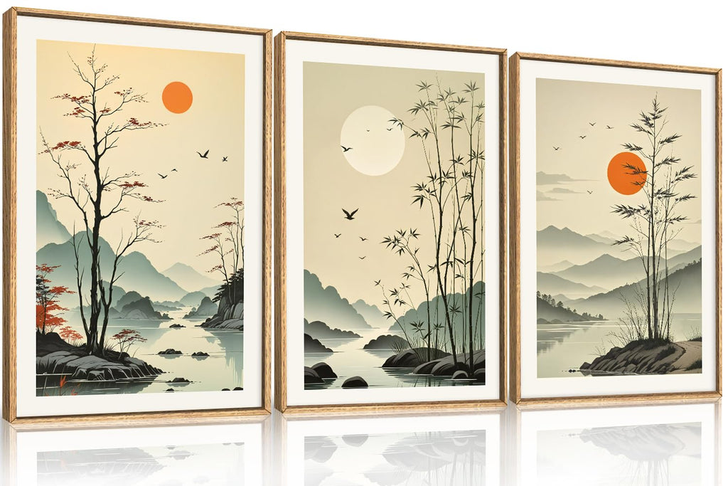 Set of 3 16"X24" Woodcut Mountain Pine Forest Sunrise Framed Canvas Wall Art Rustic Boho Wooden Print for Living Room Bedroom Office, Non-3D