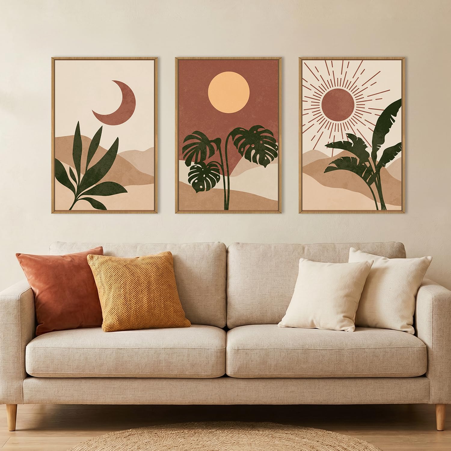 KAIRNE Woodcut Style Mountain Framed Canvas Wall Art Set,Wooden Pine Tree Wall Decor,Vintage Forest Landscape Art Prints,Nature Sunrise Artwork for Living Room,Bedroom,Farmhouse,Office-16 x24 x3