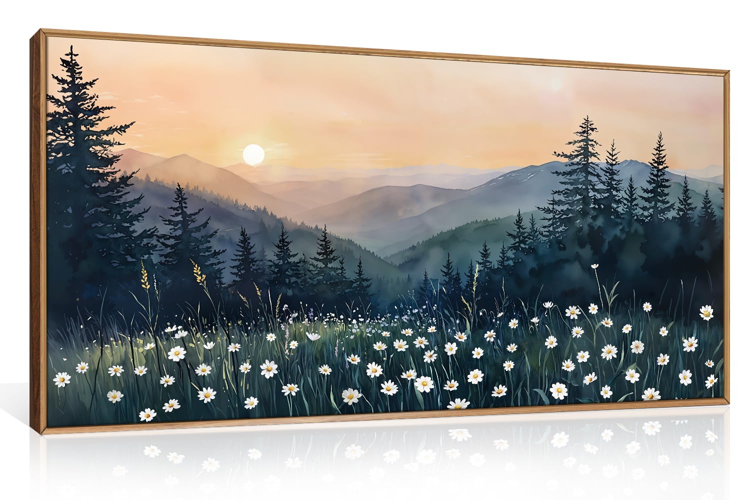KAIRNE Woodcut Style Mountain Framed Canvas Wall Art Set,Wooden Pine Tree Wall Decor,Vintage Forest Landscape Art Prints,Nature Sunrise Artwork for Living Room,Bedroom,Farmhouse,Office-16 x24 x3