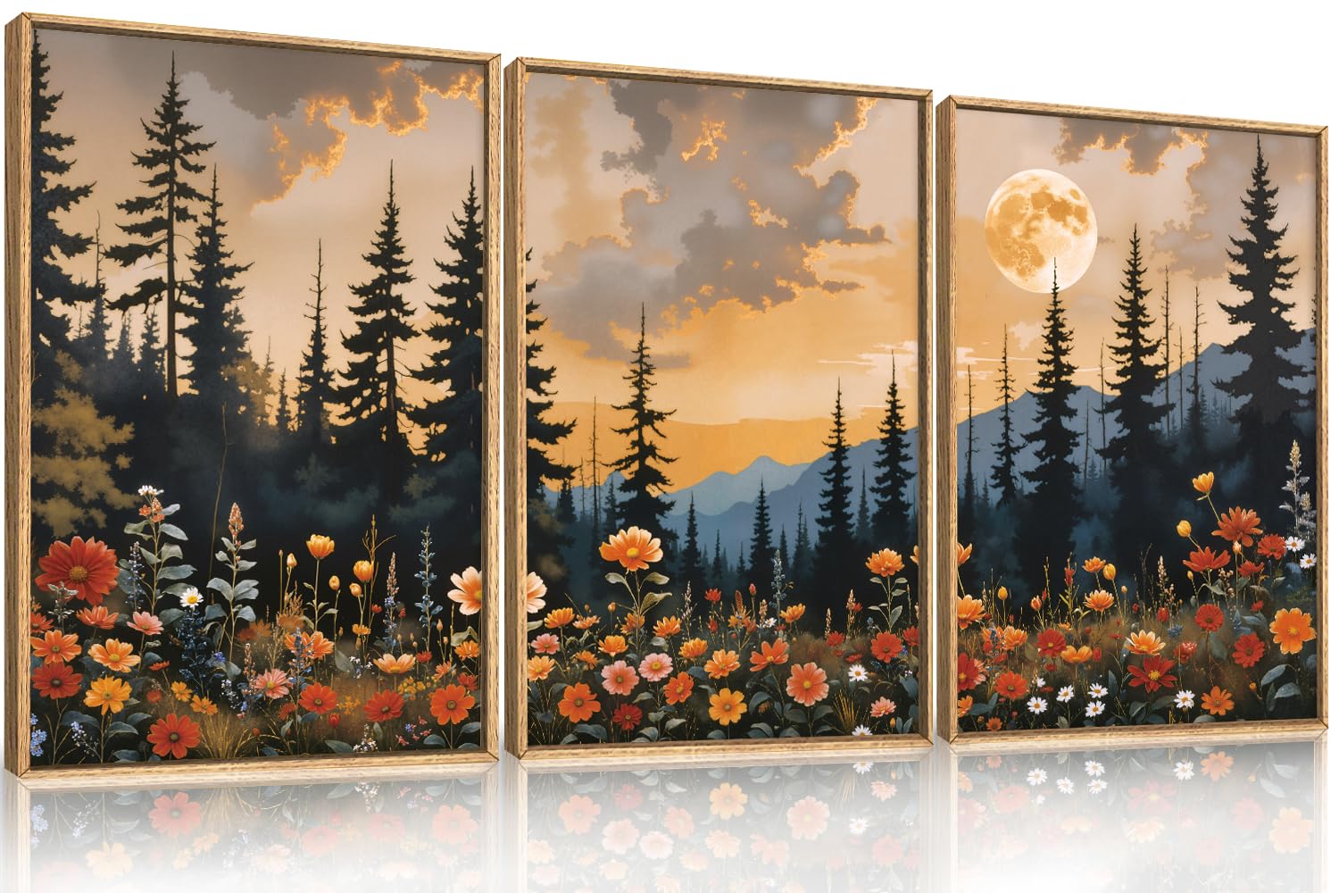 KAIRNE Woodcut Style Mountain Framed Canvas Wall Art Set,Wooden Pine Tree Wall Decor,Vintage Forest Landscape Art Prints,Nature Sunrise Artwork for Living Room,Bedroom,Farmhouse,Office-16 x24 x3
