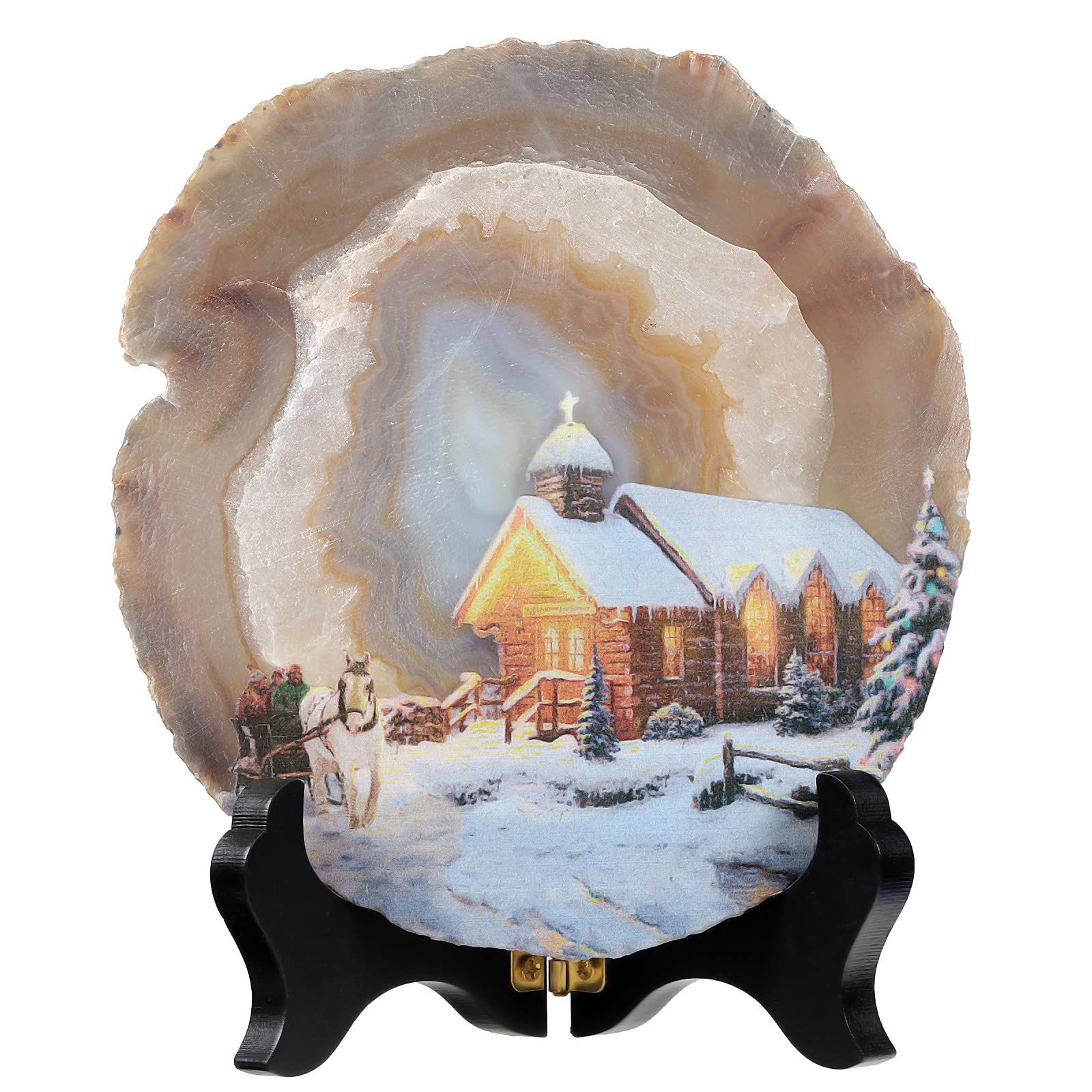 SUNYIK Natural Geode Agate Slice Display with Wooden Stand, Irregular Agate Slab Tabletop Desktop for Office Home Decor, Landscape-4