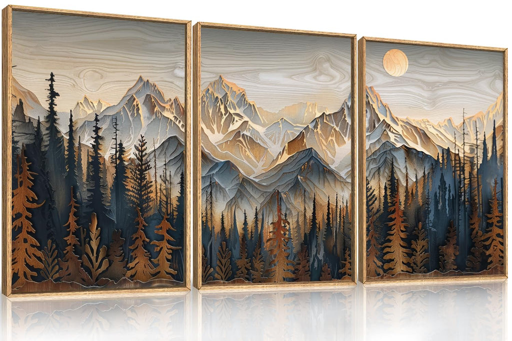Set of 3 16"X24" Woodcut Mountain Pine Forest Sunrise Framed Canvas Wall Art Rustic Boho Wooden Print for Living Room Bedroom Office, Non-3D