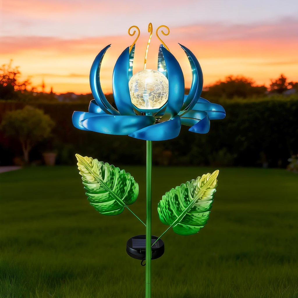 Solar Wind Spinner Metal Lotus Flower Garden Stake Lights LED Crackle Glass Globe Solar Yard Art for Patio Pathway Lawn Walkway Decor