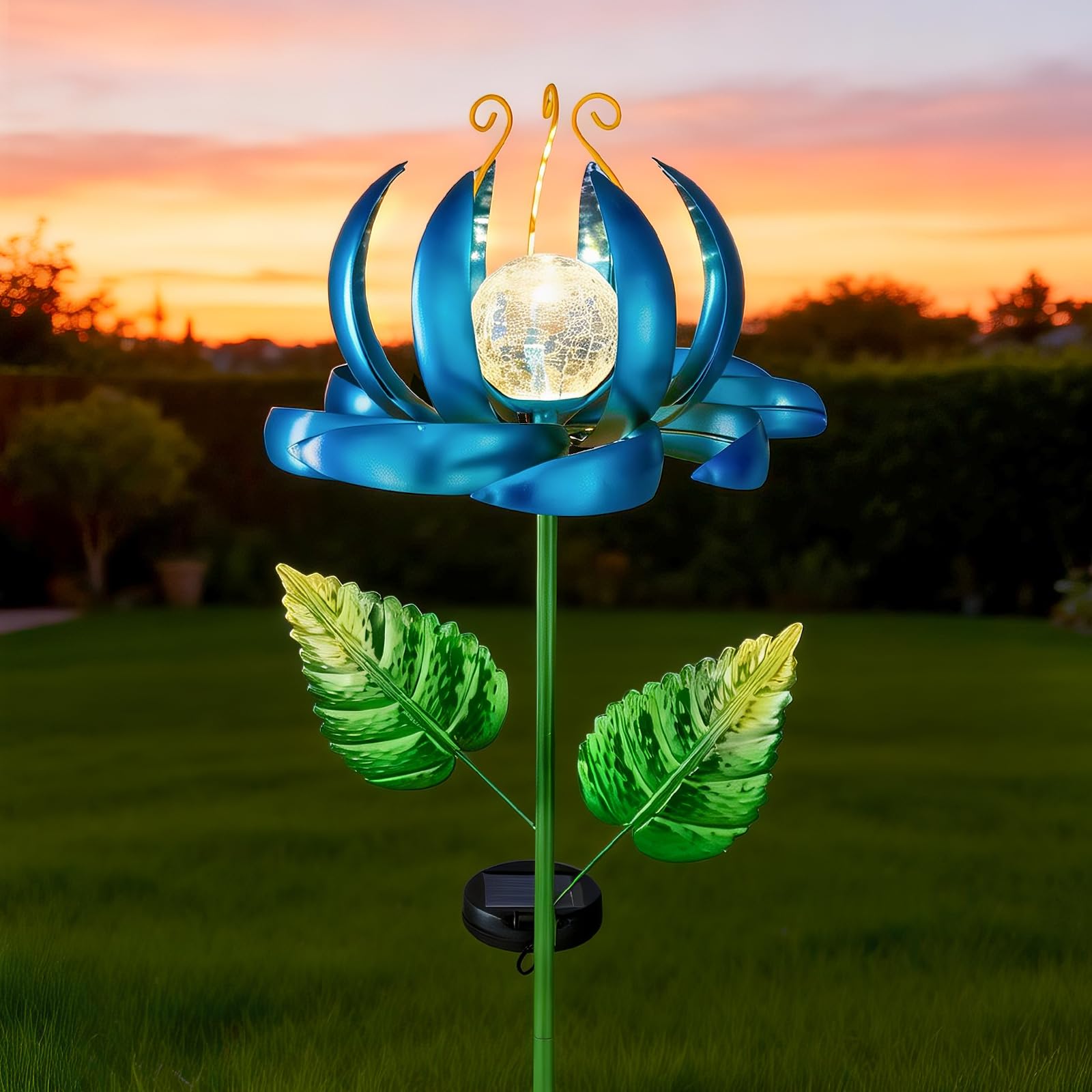 Solar Wind Spinner Metal Lotus Flower Garden Stake Lights LED Crackle Glass Globe Solar Yard Art for Patio Pathway Lawn Walkway Decor