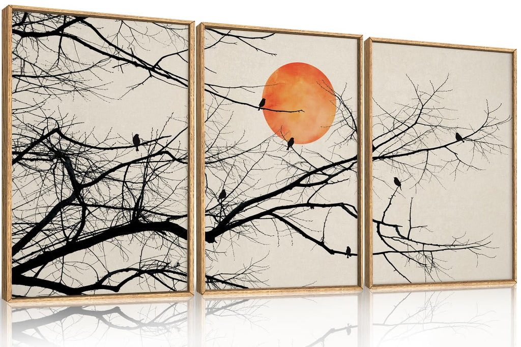Set of 3 16"X24" Woodcut Mountain Pine Forest Sunrise Framed Canvas Wall Art Rustic Boho Wooden Print for Living Room Bedroom Office, Non-3D